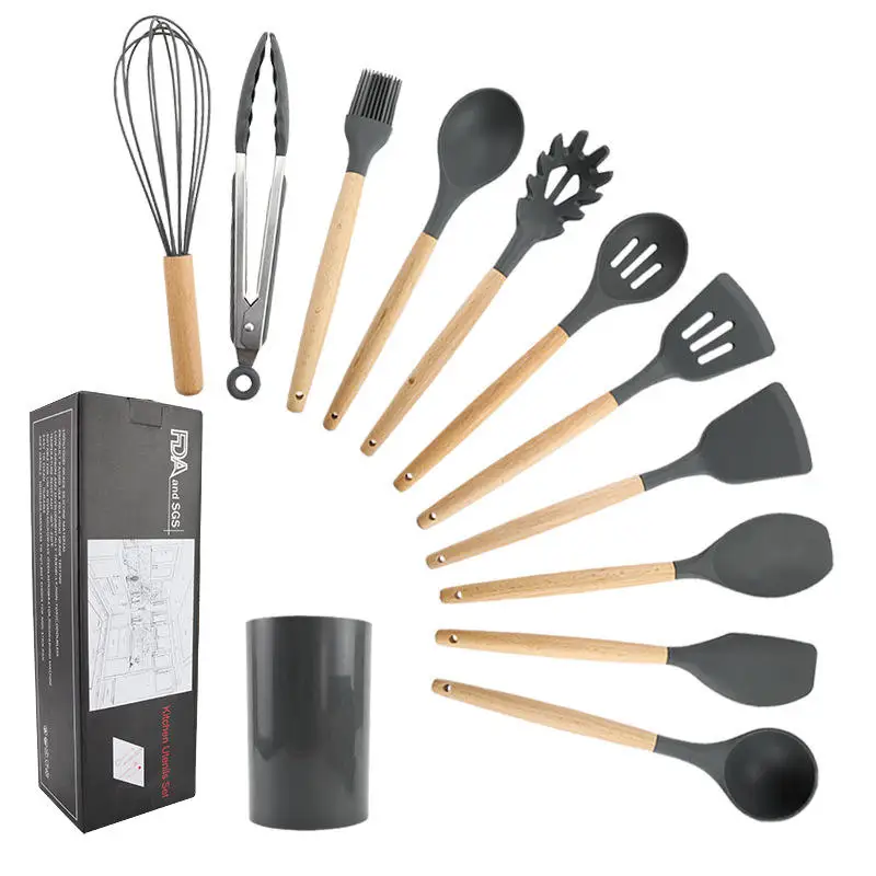 Non-stick Cooking Utensil Silicone Kitchen Utensils Set Factory 12 Pcs Sustainable Wooden Utensils Silicone Tools Modern Simple details