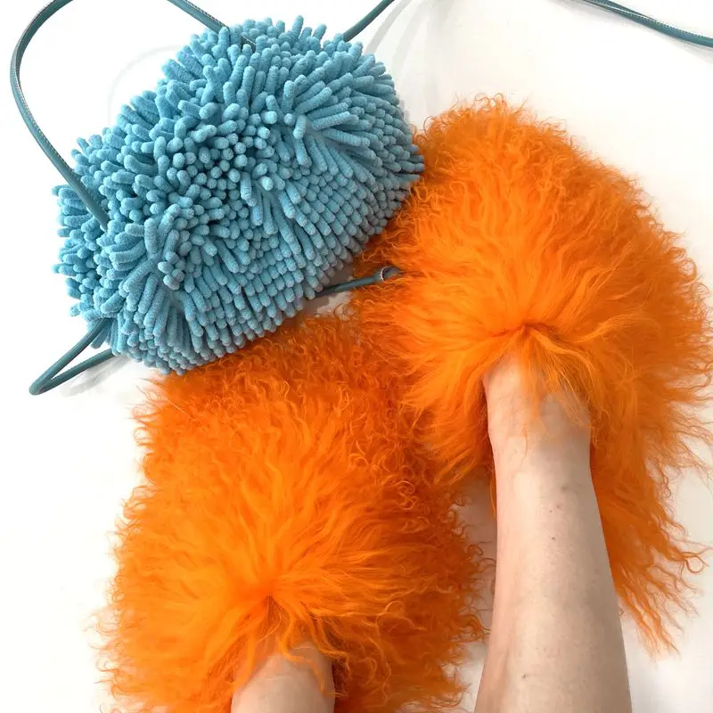 Zapatillas de pelo largo para mujer, chanclas de pelo de oveja de