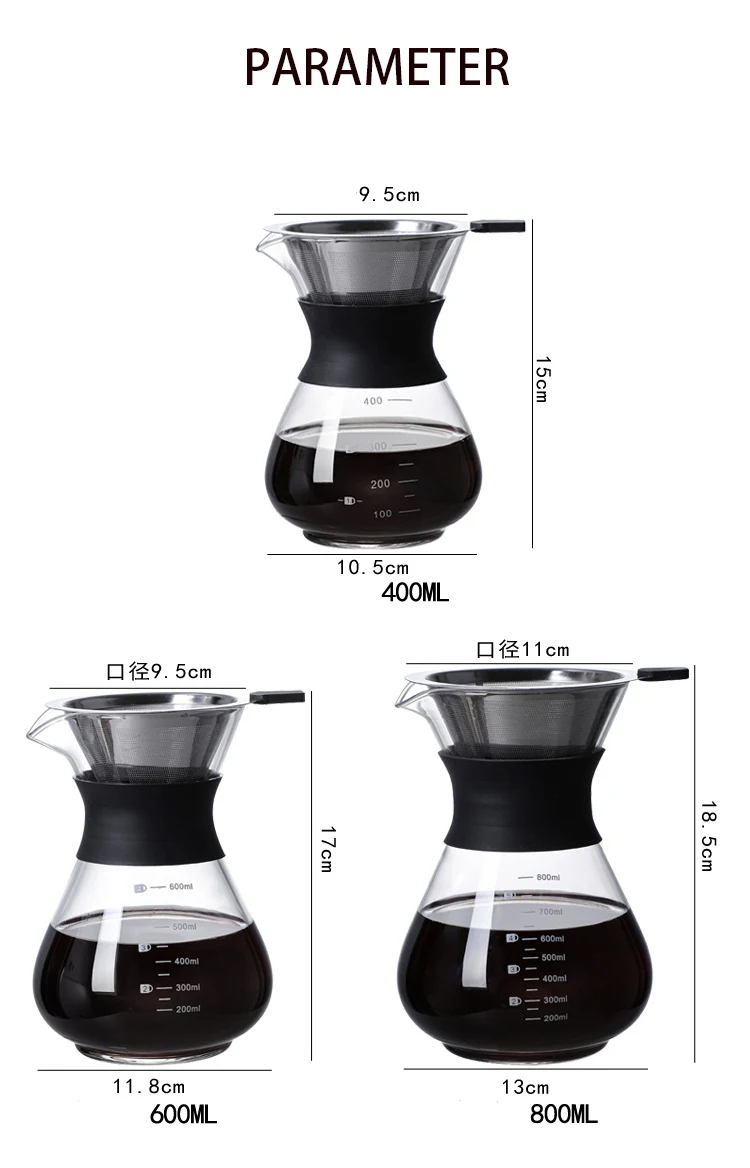 Glass Pour Over Hand Drip Pot 400ml/600ml/800ml Coffee Servers Espresso