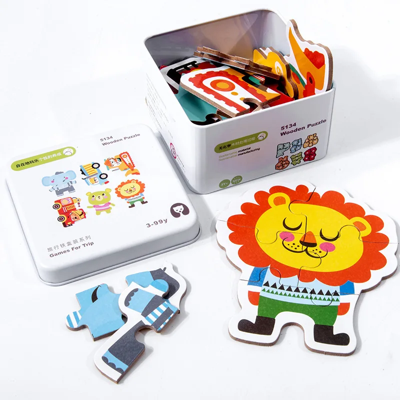 Multifunction Kids Interactive Games Cartoon Educational Wooden Iron Box Toys Wooden Building Blocks Puzzle Toys For Child