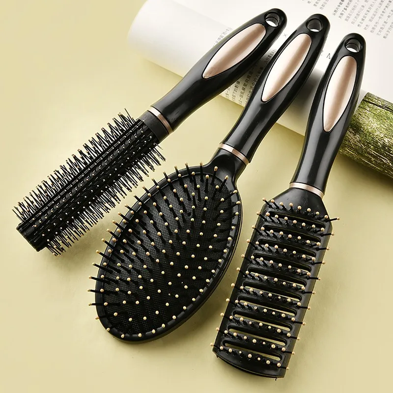 High Quality Black ABS Antistatic Rib Comb Salon Curly Hair Brush Set with Plastic Handle Custom Logo Home Use