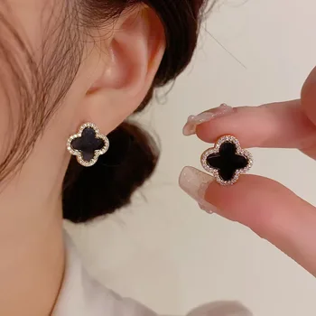 14K Real Gold Plated Four Leaves Clover Brass Earrings Trendy Female Zirconia Flower Shape Classic Luxury Style
