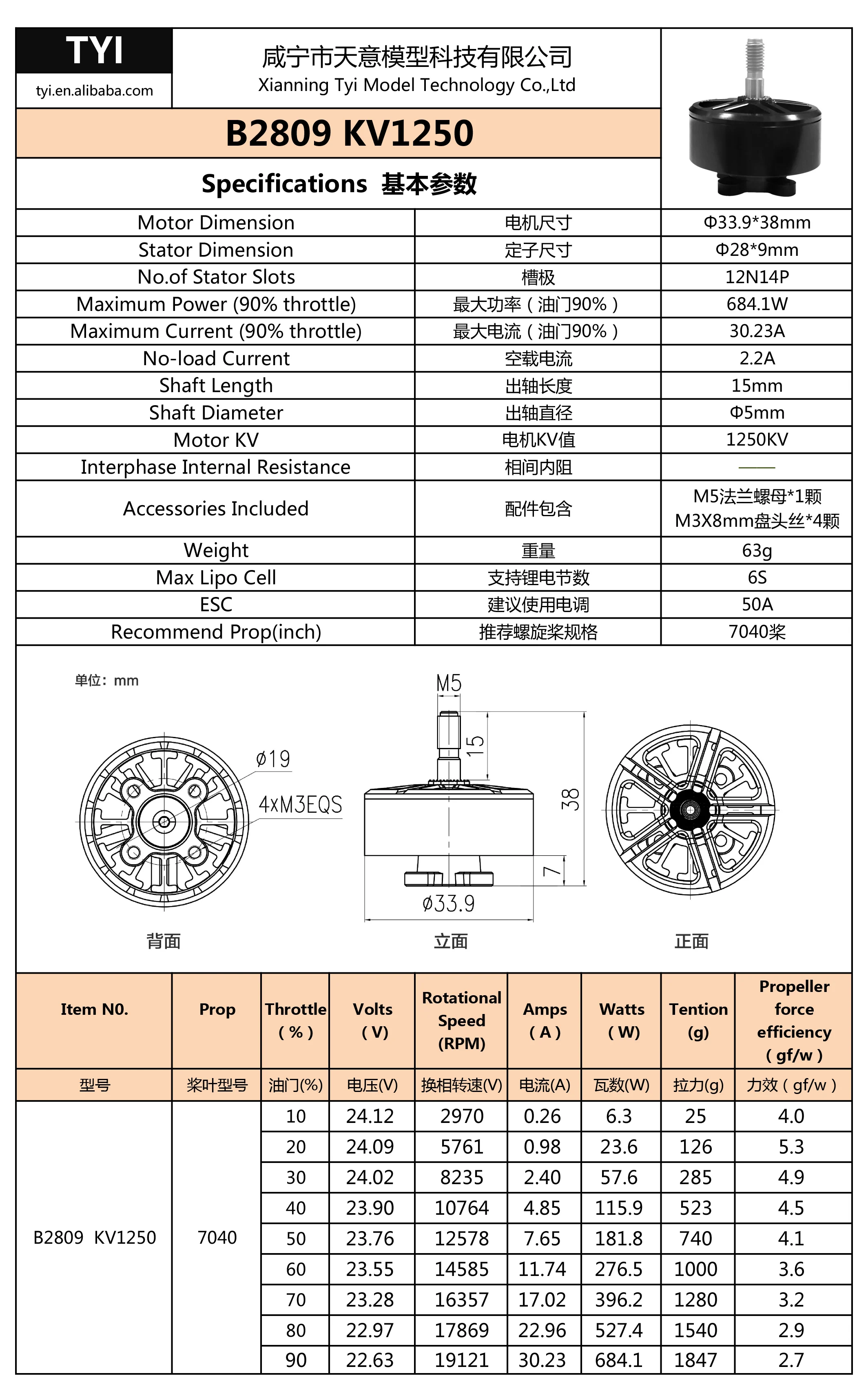 TYI B2809 1250KV  FPV X8 Traverser aircraft model brushless motor DC motor for racing drones MOTOR manufacture