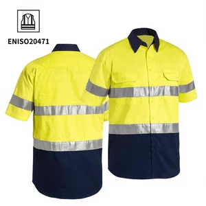 Class 2 EN20471 Cotton Mining Construction Security Work Wear Men High Visibility Custom Reflective Safety Clothes Hi Vis Shirts