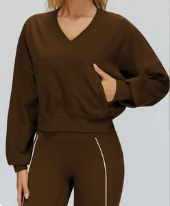 Autumn Women Warmth Hooded Hoodie Windproof Casual Loose Fit V Neck Long Sleeve Clothing Outdoor Running Sports Sweatshirts