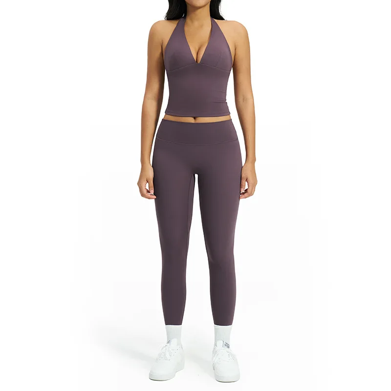 Brushed Solid Breathable Yoga Set V-neck Halter Neck Beautiful Back Tight-fitting 2-Piec detail