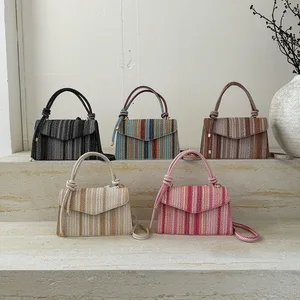 New Fashion Straw Color Striped Ethnic Style Simple Western Style Korean-style Beach Shoulder Crossbody Small Square Women's Bag