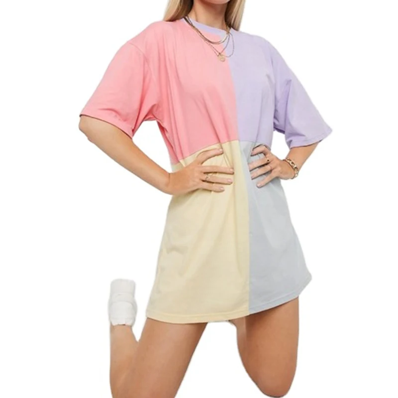 Custom Wholesale Women Cotton T-Shirts Custom Colour Block Oversize Round Collar T-Shirt