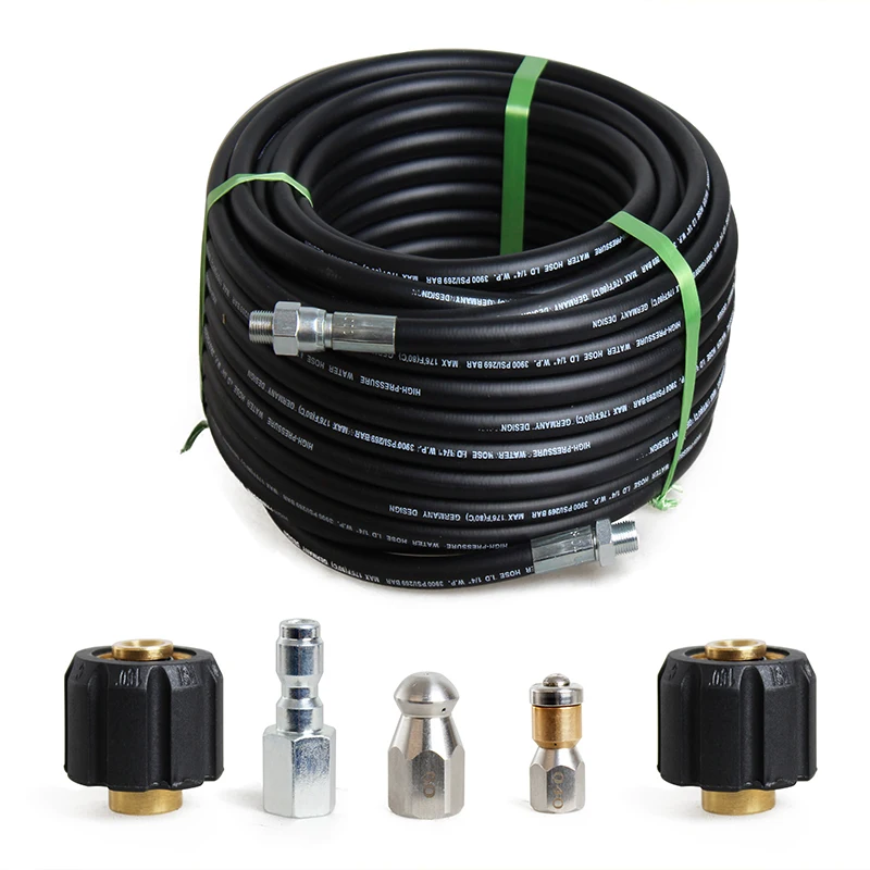 100FT Sewer Jetter Hose Kit For Pressure Washer, 5800 PSI Drain Cleaner Hose 1 4 Inch Npt Fittings 4 Sewer Jet Nozzles Heavy Duty Water Jetting Kit Blue