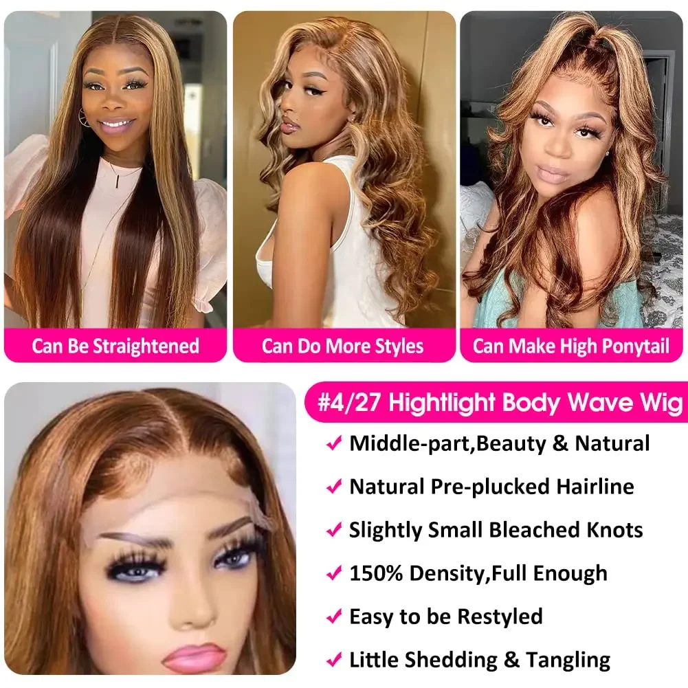 Perruque Lace Front Wig Body Wave en cheveux humains avec reflets ombrés, sans colle, blond miel_voghion.com