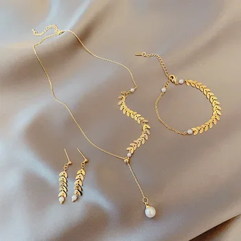 Fashion 18K Gold Plated Pearl Necklace Earrings Bracelet Set 3pcs Dubai Niche Design Wheat Ear Bridal Jewelry Sets for Women