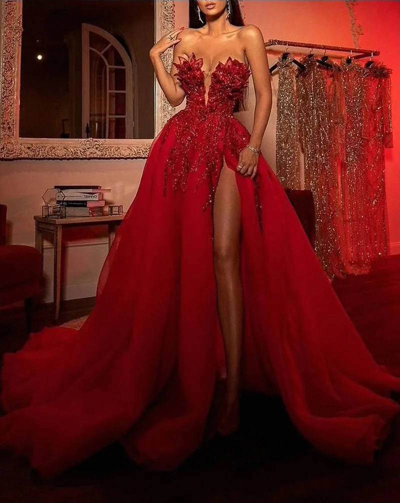 fitted lace wedding dress Simple Red Satin Spaghetti Straps Prom Dresses With Slit, Party Dresses,  MP787