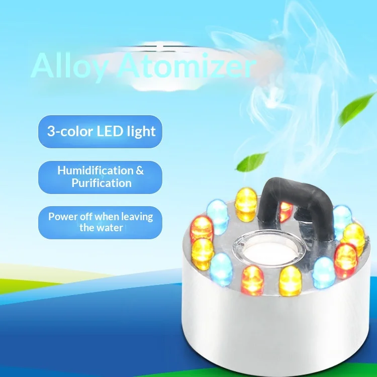 2026 Alloy Atomizer Mist Maker with 3-Color LED Auto Shut-Off Submersible Fountain Pump for Fish Tank Aquarium Landscape Decor