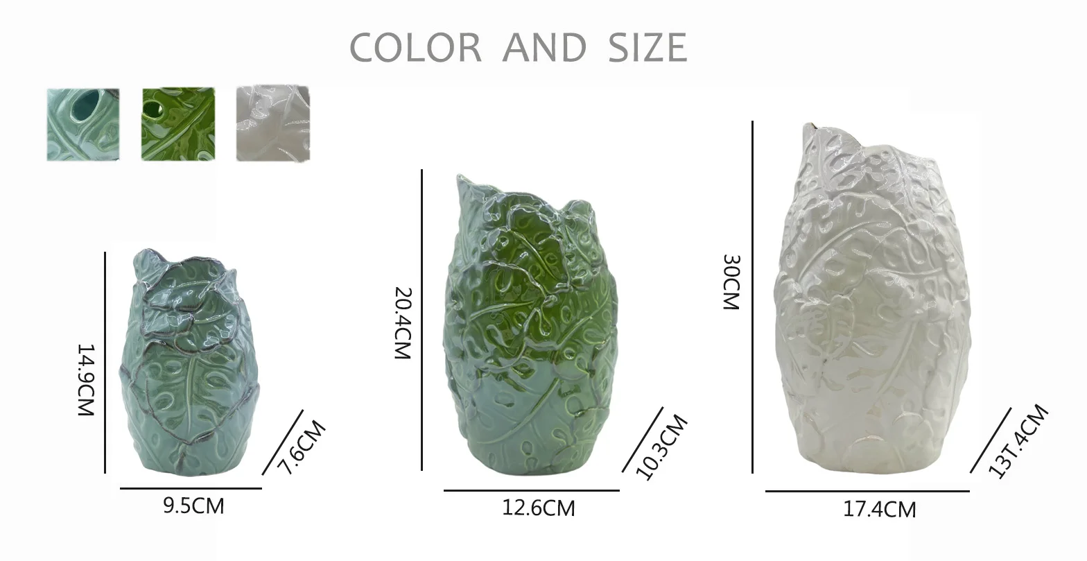 Home Goods Decorate Tropical foliag Design Ceramic Flower Vase Wholesale three color Porcelain Vase for Wedding Style
