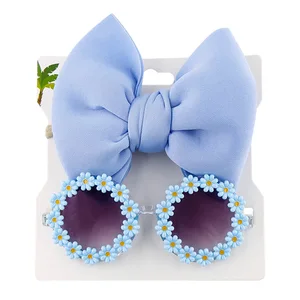 2Pcs/Set Daisy Flower Sunglasses With Elastic Hair Bands Nylon Baby Headband Beach Seaside Sun Glasses Kids Puff Bow Headwear