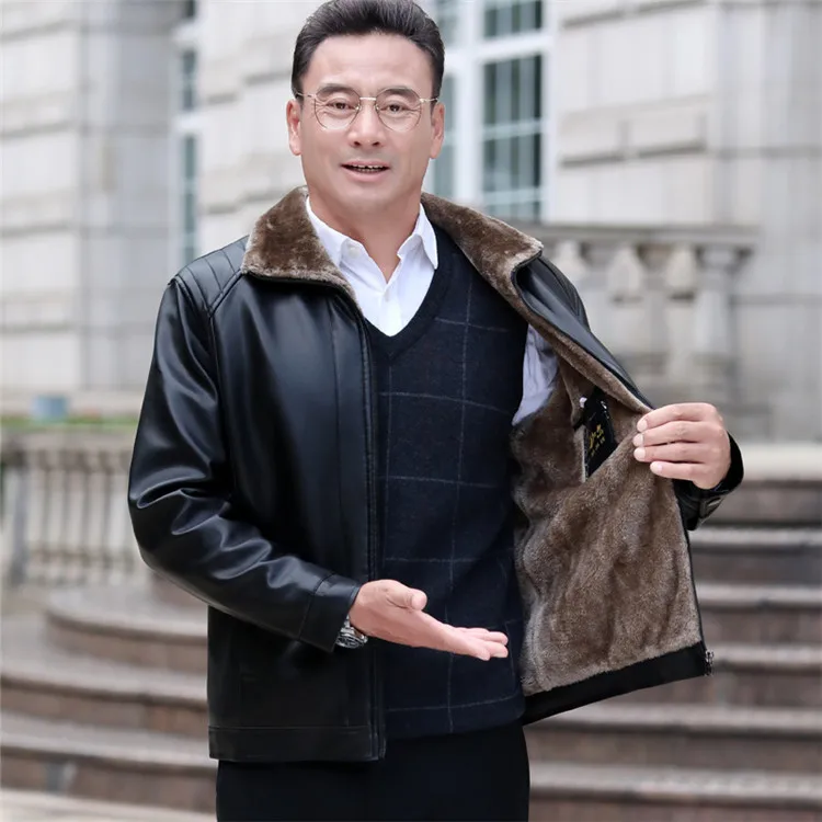 Fur thickened pu leather windproof jacket winter coats for men_voghion.com
