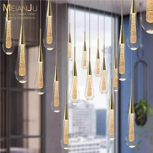 Elegant Simple Luxury 3000K Long Hanging Light Water Drop Crystal Pendant Small Gold LED Dimmable Loft Villa Duplex Lighting