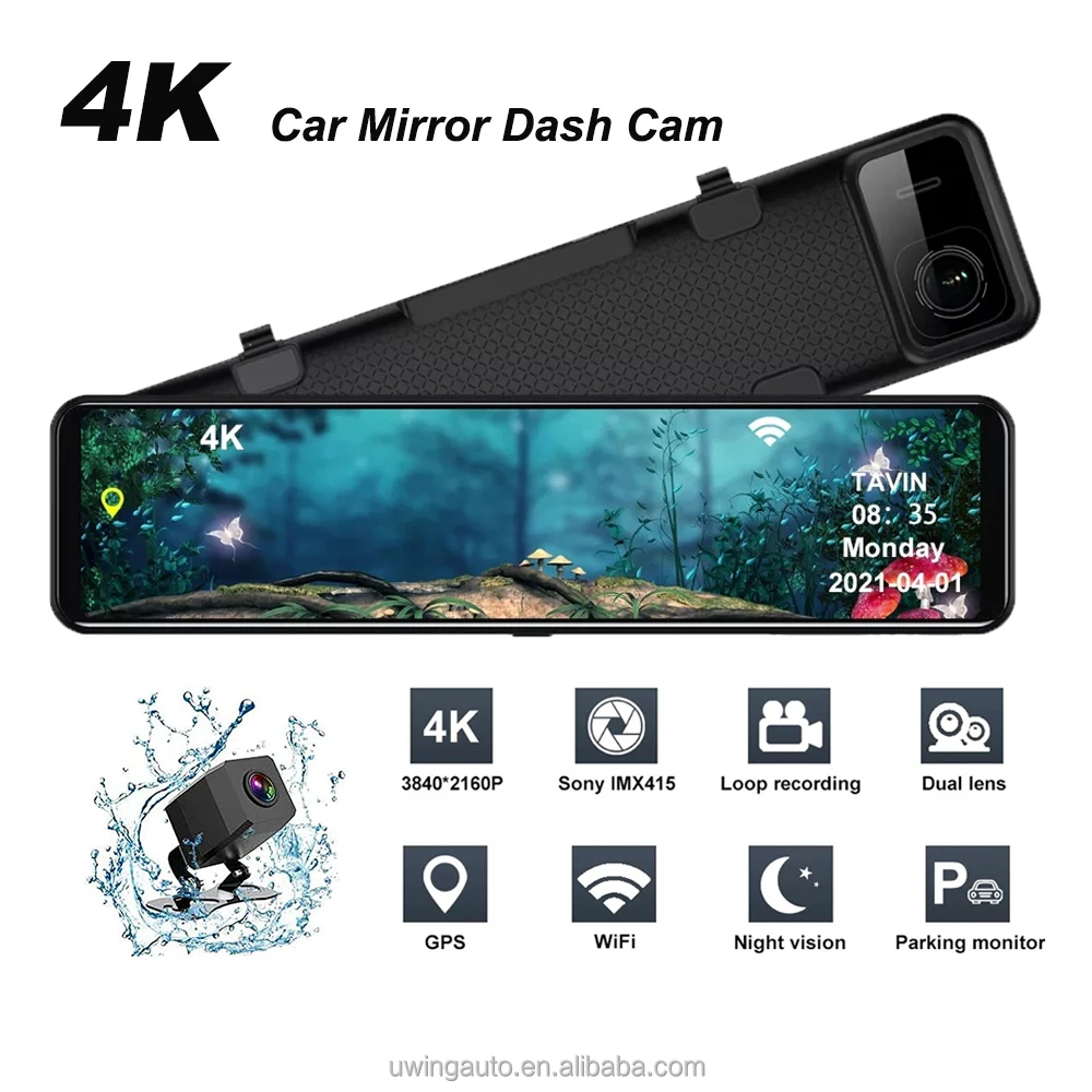 12 Inch Touch Screen Rearview 4k Car Mirror Dash Cam 2160p Video