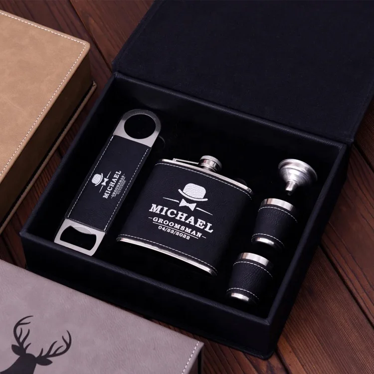 Personalized Custom 6oz Hip Flask and Bottle Opener Wedding Men Birthday Box Laser Engraved Leatherette Groomsmen Gift Set