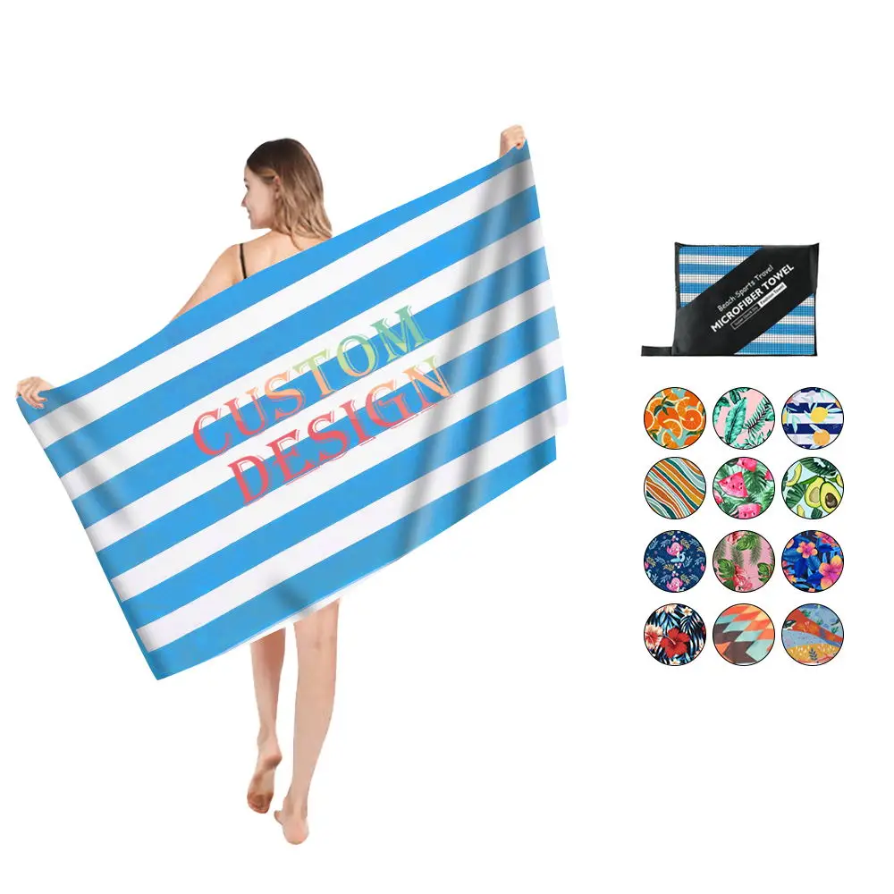 2024 Hot-sale Superior quality Microfiber 100% Cotton 40 x 70 Print Striped Blue White Beach Towels with OEM Custom LOGO