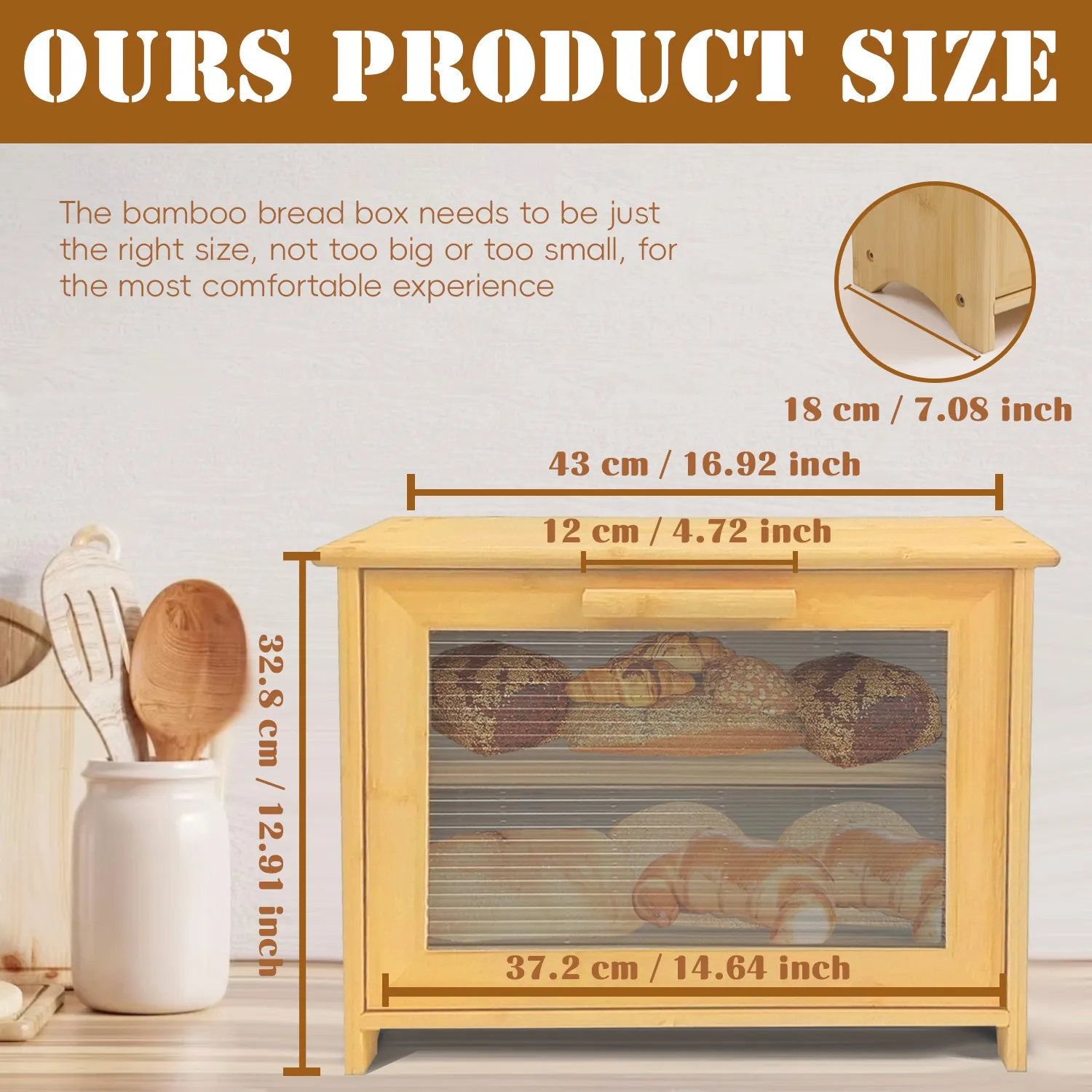 Double Layer Bread Box for Kitchen Counter Bamboo Wood Large Capacity Bread Storage Bin with Acrylic Wavy Door Panel