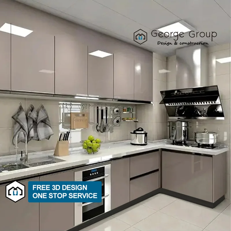 George Readymade Ready to Assemble Rta Wooden Brown High Gloss Grey Lacquer Cupboard Wall Kitchen Cabinet