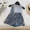 Blue one-shoulder denim overalls two-piece set