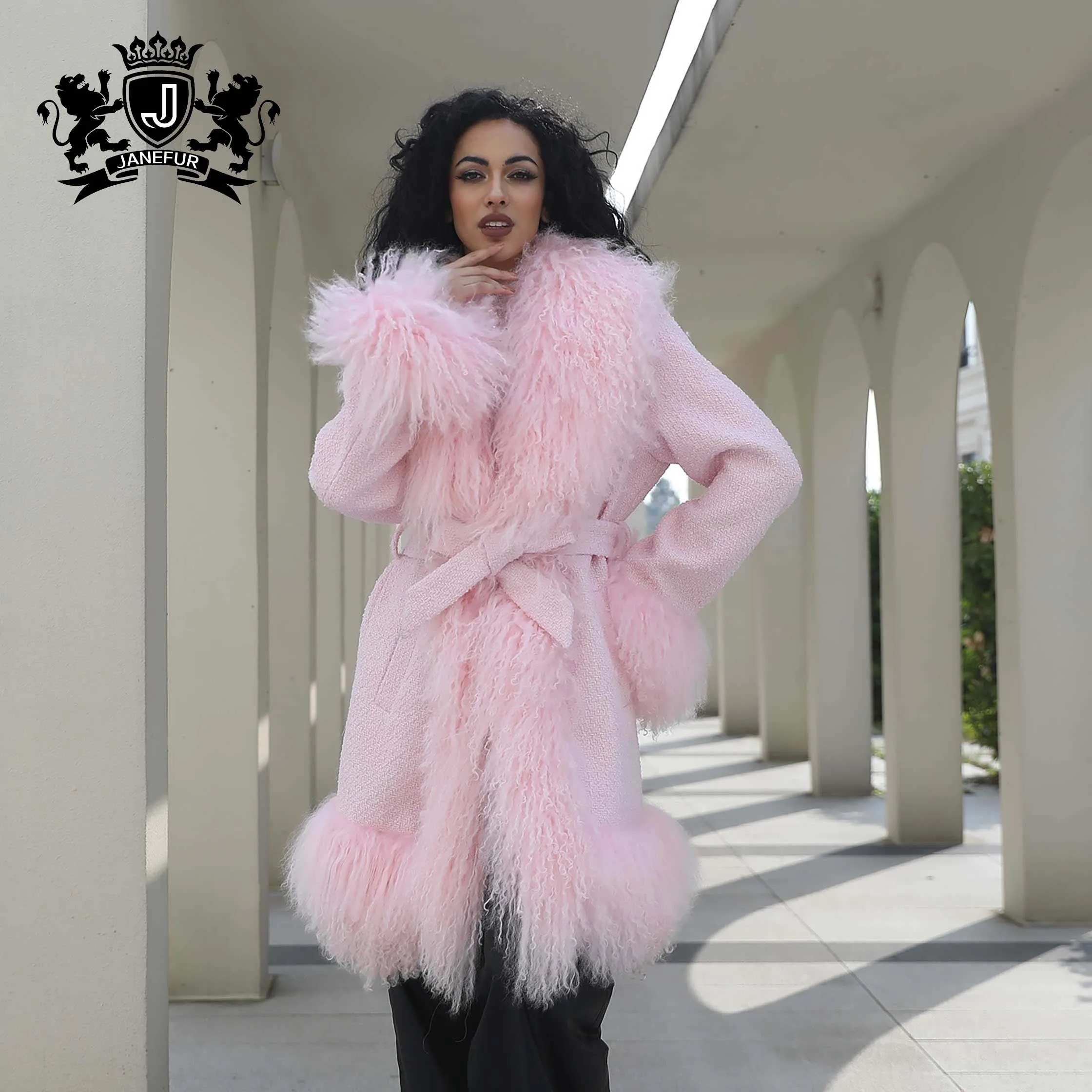 Janefur Trendy Mongolian Lamb Fur Jacket - High Quality Pink
