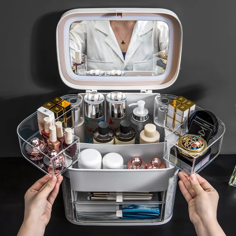 Factory Direct Sales Plastic Multifunction Cosmetic Storage Box  Makeup Organizer Make up case With Light Mirror