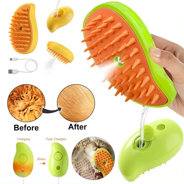 Wholesales Dropshipping 3-in-1 Rechargeable Pet Hair Grooming Comb Automatic Cat Steam Brush Self-Cleaning with Massage Spray