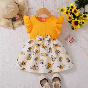 Summer Casual Baby Girl Dress with O-Neck Collar Bowknot Bee Print Lace Decoration Cotton High Quality ODM Clothes for Kids