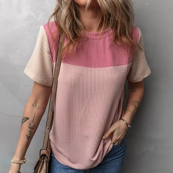 Women's Color Block Fashion Short Sleeve Crewneck Knitted Spring Summer Casual Loose T Shirts Tops