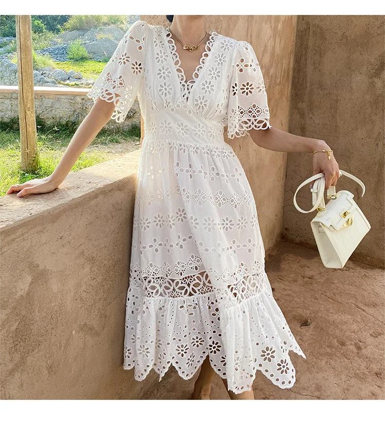 French 2024 Summer Women's White Dresses Medium-length Fairy Lady Style  Embroidered Lace Dress| Alibaba.com