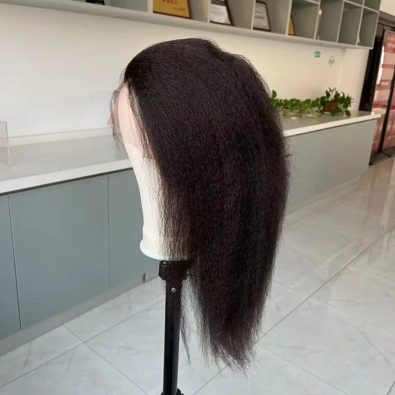 16 inch natural black color kinky straight texture full lace wig 100% human remy hair for women