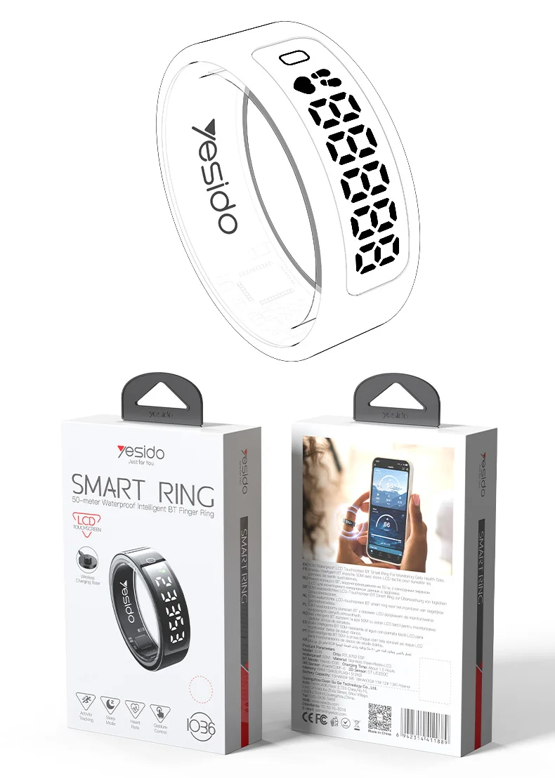 Yesido LCD Real-time Digital Display Dual-channel Sensor Precision Waterproof 24-hour Health Management Smart Ring IO36