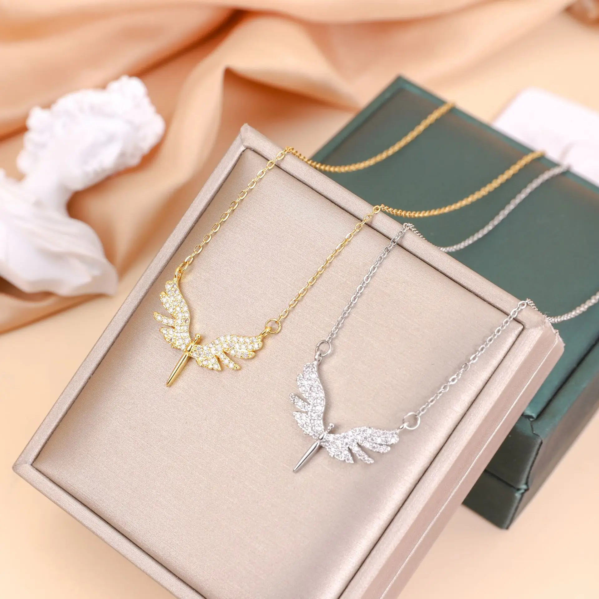 Stainless Steel Charm Necklace with Angel's Wing Pendant