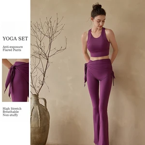 Yoga Tank Top with Pads Ballet Style Sports Fitness Set High Waist Long Pants Women Workout Outfits Gym Activewear
