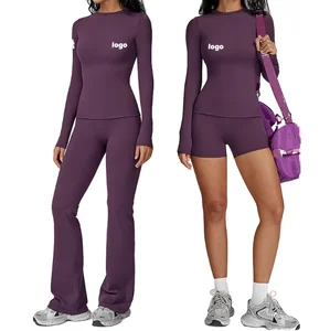 Women's Athletic Sports Gym Sets Breathable Short Sleeve Top & Elastic High Waist Leggings 4-Piece Yoga Outfits Solid Pattern