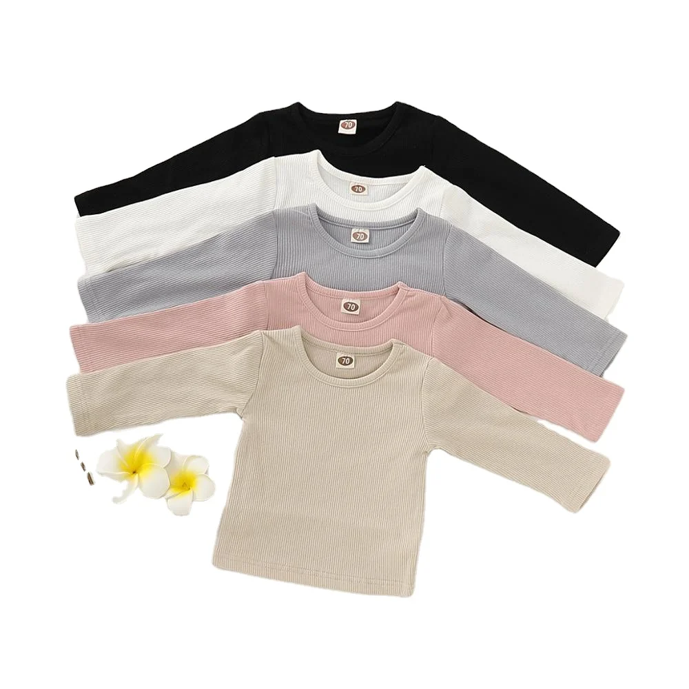 Одежда для новорожденных девочек, однотонная хлопковая футболка в рубчик с длинным рукавом, футболки на весну и осень с круглым вырезом для детей 0-18 месяцев, одежда для маленьких мальчиков