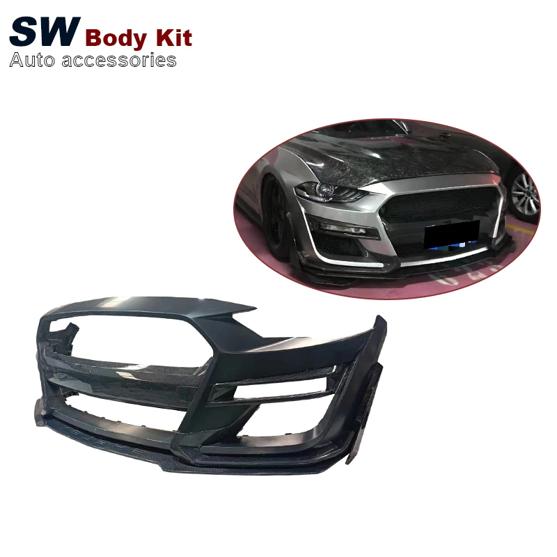 Ford Mustang 2015-2020 GT500 Style Upgrade Front Bumper PP With Exhaust Cut-Outs New Carbon Fiber