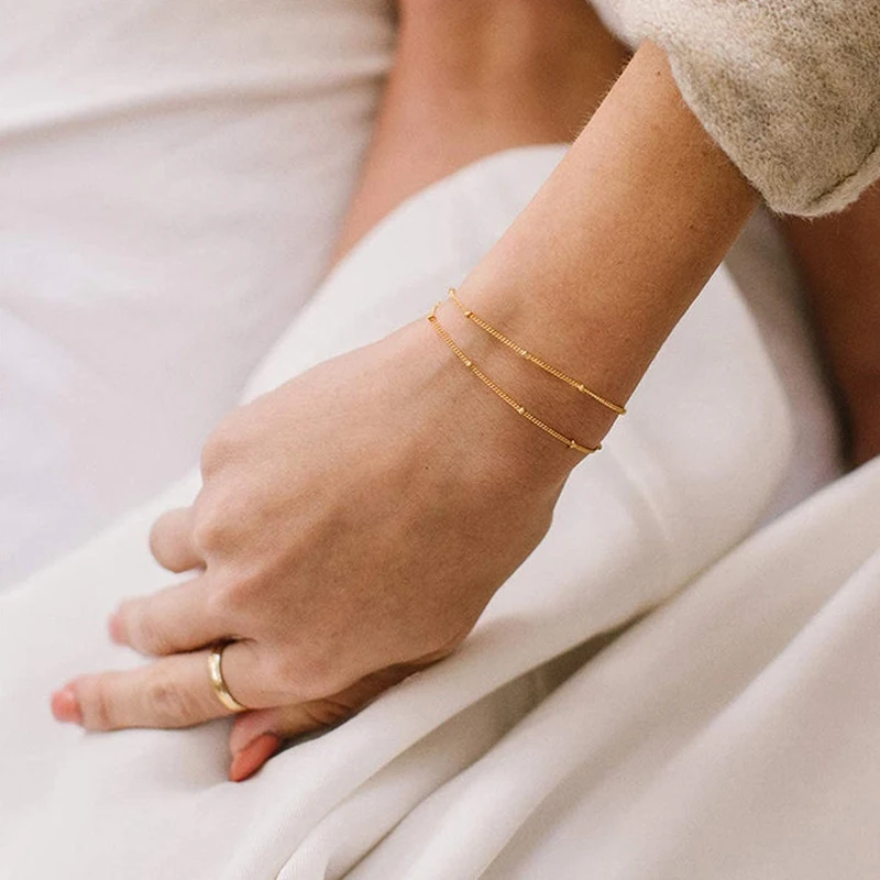 14K Gold on sale Dainty Beaded chain Bracelet - Satellite Bracelet - Minimalist simple bracelet -Gift for her - 14k solid gold