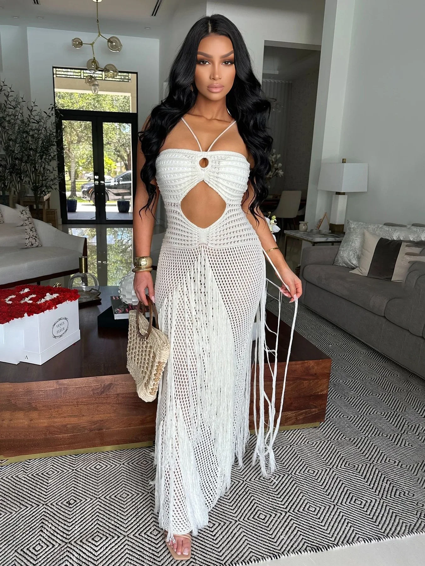 beach dresses wholesale Sexy Tassels Party White For Women Chest Cut Out Fashion Beach Dress Party Women Clothes Beach Dresses color_family:Multi Lovers Lane Dress - Back Necklace Length:14 1/2