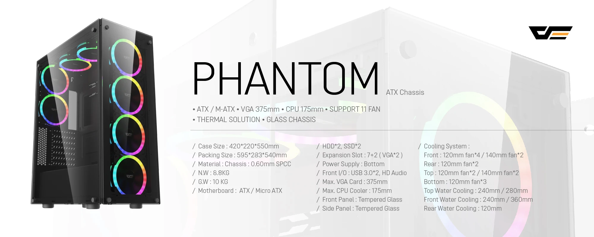 darkFlash Phantom 黒ATX中のタ式pcゲーム?化ガラス机器USB 3.0