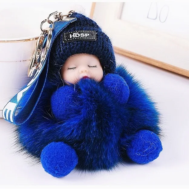 Cute sleeping baby doll key chain rabbit fur keychain keyring bag car rabbit key chains fur