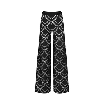 Custom Women's Elegant Designer Black Embroidered Eyelet Premium Cotton Comfort Evening Casual Fashion Trousers for Ladies