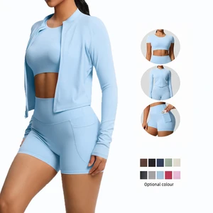 High Quality New Casual Yoga Suit Set with Short Sleeves Pants with Pockets and Zipper Yoga Coat