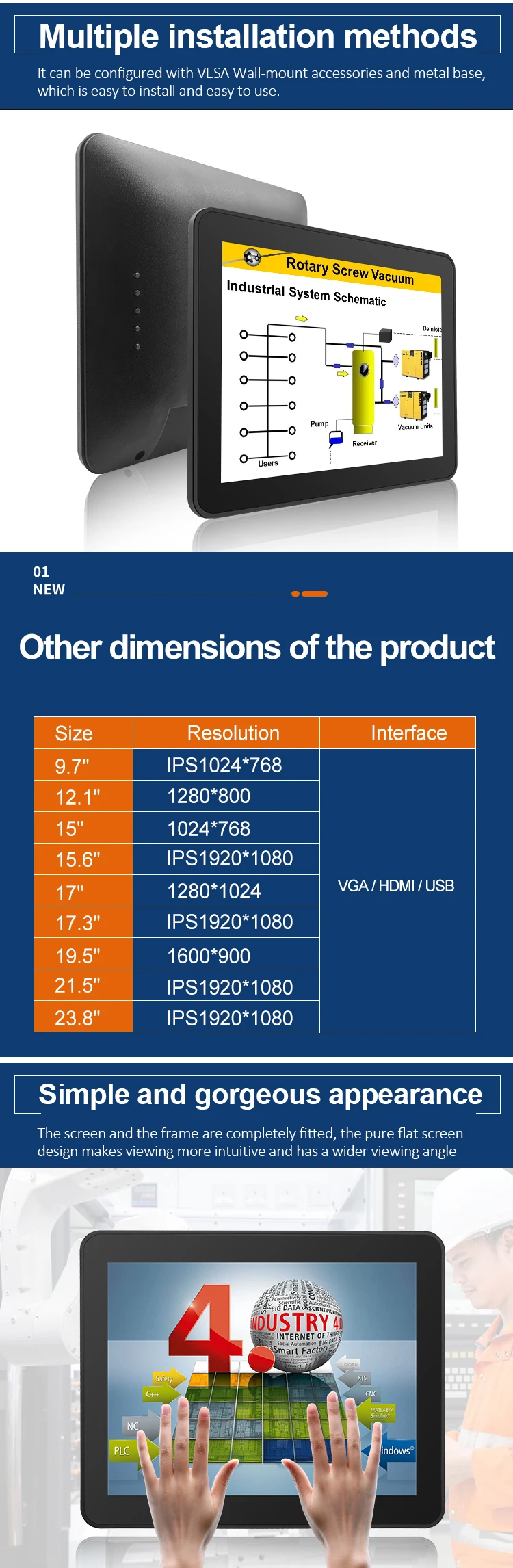 9.7 Inch IPS1024*768 Ip65 Panel Touch/non-touch VESA Wall Mount Plastic case Industrial Lcd Monitor