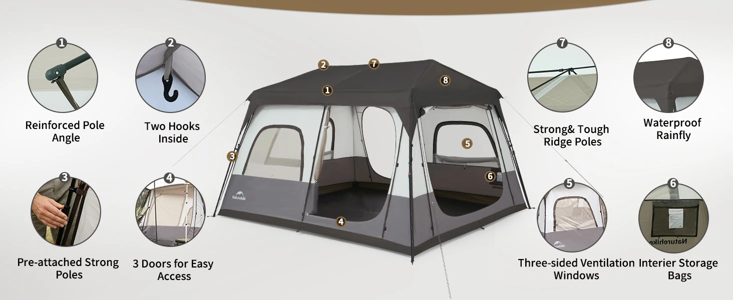 Naturehike Familienzelt 8 Personen 12.9m² - Wasserdicht PU3000mm Tunnelzelt Camping