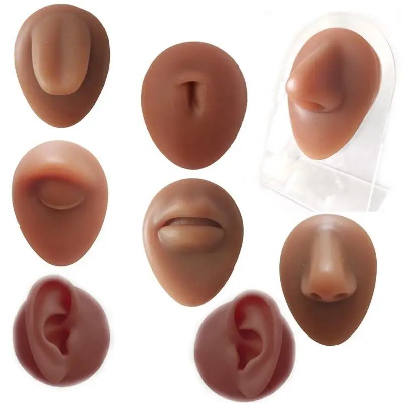 Realistic Tatoo Puncture Practice Body Part Mould With Display Support Artificial Nose Mouth Eyes Ears Navel Piercing Silicone
