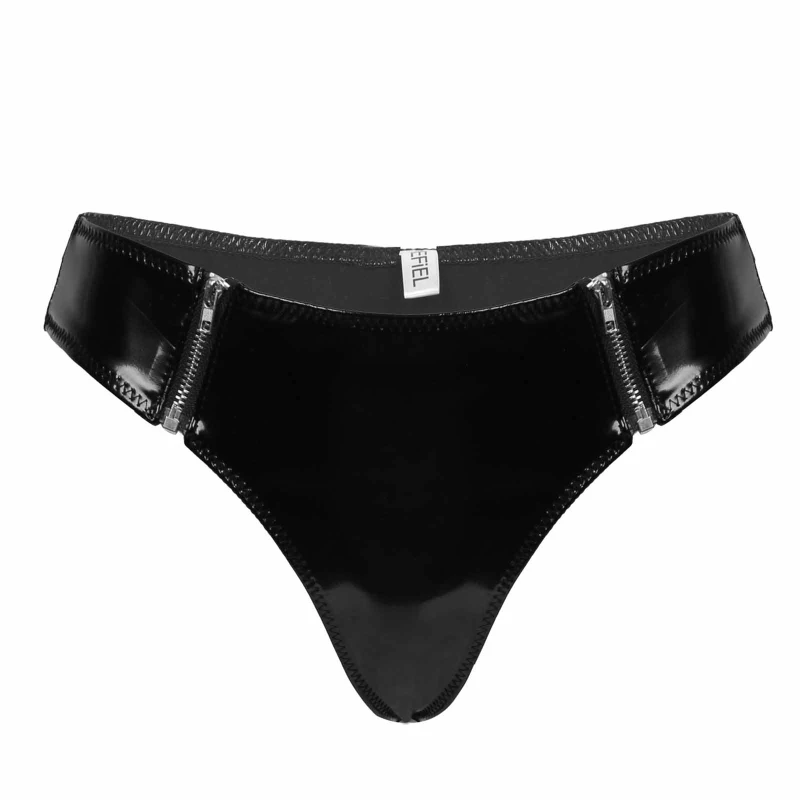 Women Shiny Patent Leather Bikini Briefs Low-waisted Front Zipper Thong ...